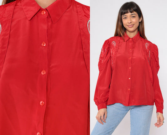 90s Red Sequin Embroidered Button-Up Blouse Puff Sleeve Large L