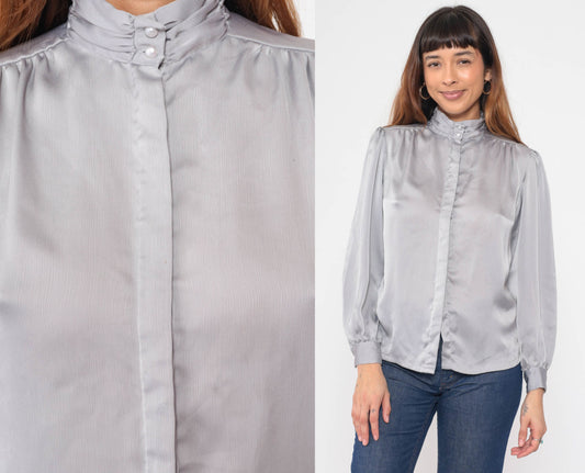 80s Silver Grey Puff Sleeve Blouse Pearl Button Mock Neck Medium