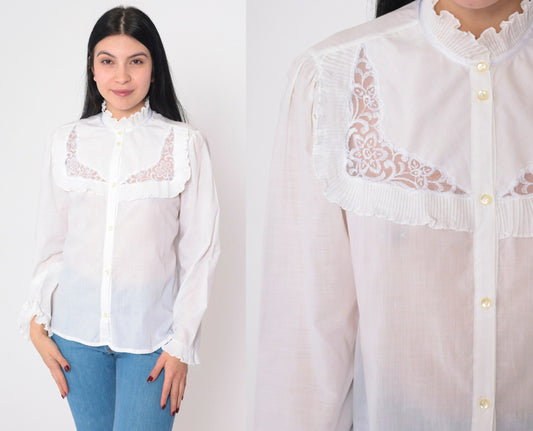 80s White Victorian Blouse Puff Sleeve High Neck Floral Embroidered Small
