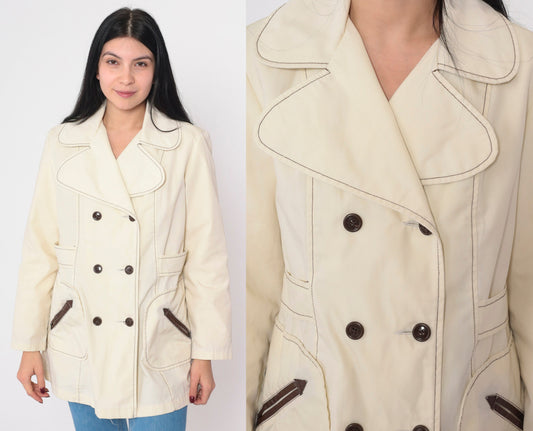 70s Cream Pea Coat Double Breasted Faux Fur Lined Sailor Jacket Extra Small