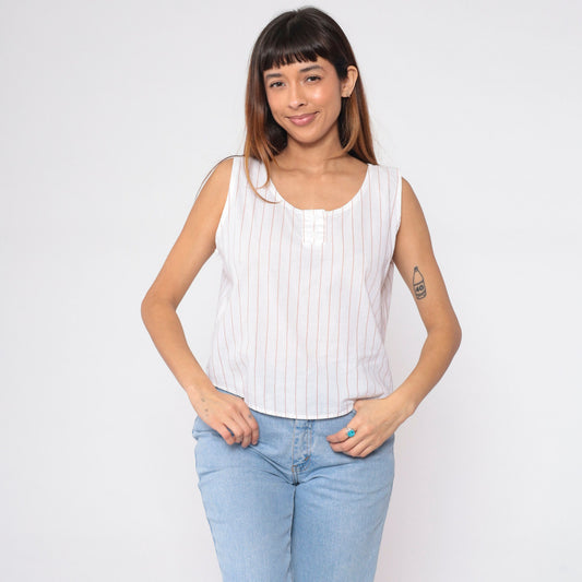 80s Striped Henley Tank Top White Tan Button-Up Scoop Neck Cotton Medium