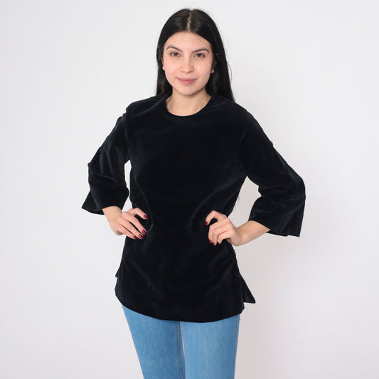 60s Black Velvet Blouse 3/4 Sleeve Rear Zip Medium