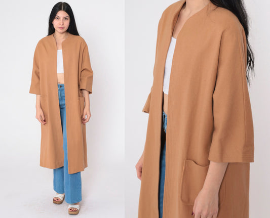 80s Tan Wool Jacket Open Front 3/4 Sleeve Longline Coat Small Medium