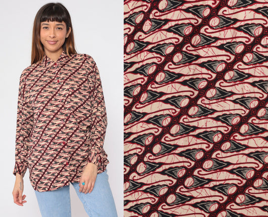 90s Geometric Abstract Button Up Blouse Red Tan Patterned Medium