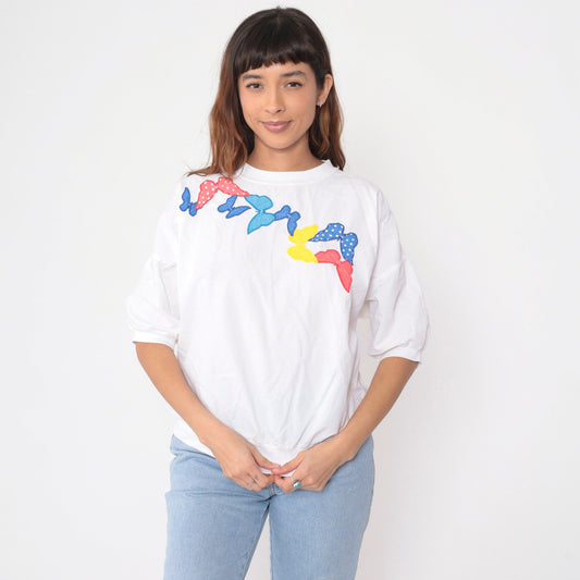 90s Butterfly Applique White Cotton T-Shirt Short Sleeve Banded Hem Large L