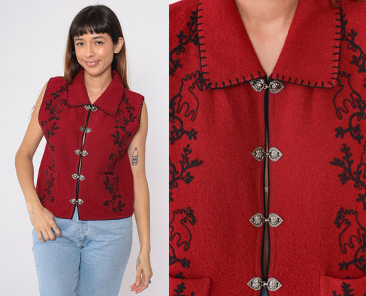 90s Woolrich Moose Wool Vest Red Black Soutache Silver Clasp Medium M