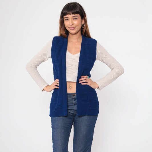 70s Knit Vest Navy Textured Checkered Open Front Sleeveless Top Small
