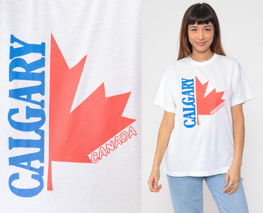 80s Calgary Alberta Canada Maple Leaf Graphic T-Shirt Single Stitch Medium