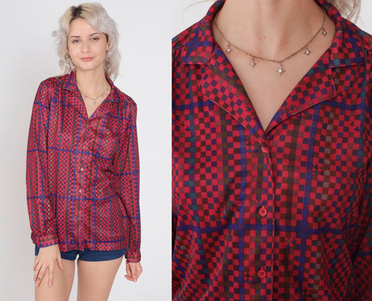 70s Checkered Button-Up Blouse Multicolor Long Sleeve Collared Shirt Medium
