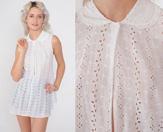 80s Charmode White Eyelet Tank Top Peter Pan Collar Cutout Tunic Extra Small