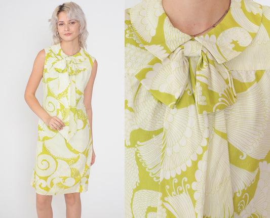 60s Mod Mini Dress Green Floral Tie Neck Sleeveless Shift Extra Small
