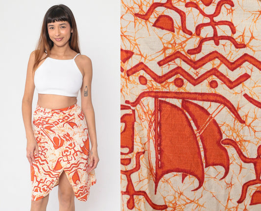 80s Wrap Mini Skirt Tie Dye Petroglyph Print Orange Cream Cotton Small