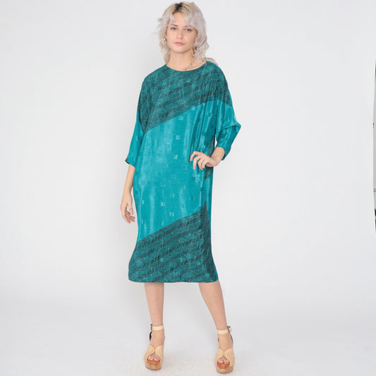 80s Brenner Petites Shiny Green Midi Dress Embossed Zigzag Half Sleeve Medium