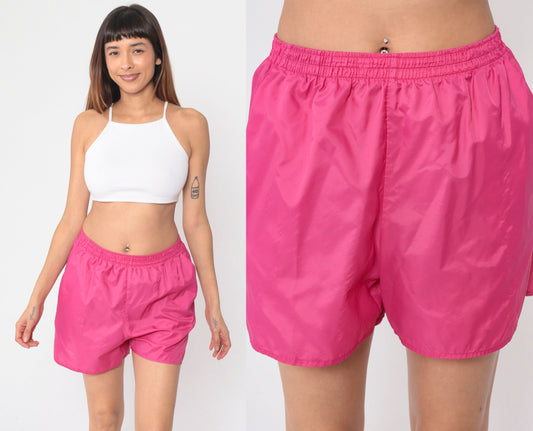 90s Hot Pink Nylon Gym Shorts High Waist Elastic Waist Small Medium