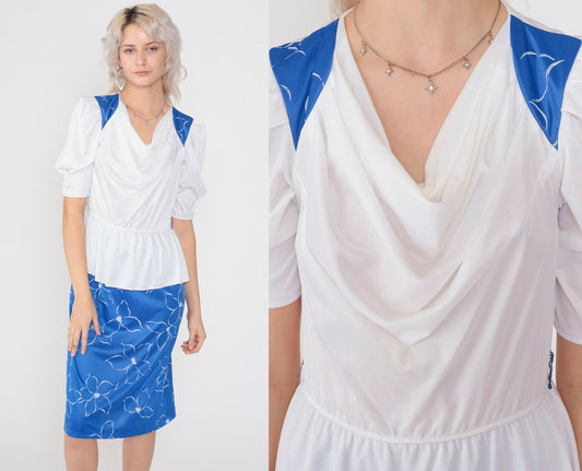 80s Peplum Puff Sleeve Midi Dress White Blue Floral Cowl Neck High Waisted Medium