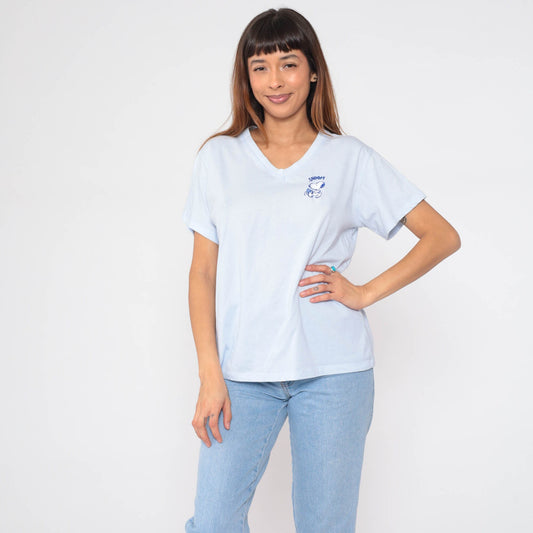 90s Snoopy Peanuts Graphic T-Shirt Baby Blue V-Neck Large L