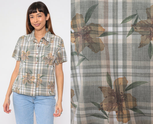 Y2K Plaid Floral Embroidered Button-Up Blouse Cotton Short Sleeve Medium M