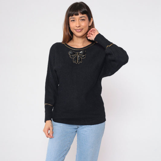 90s Andrea Gayle Black Knit Sweater Sequin Bow Metallic Gold Trim Large L