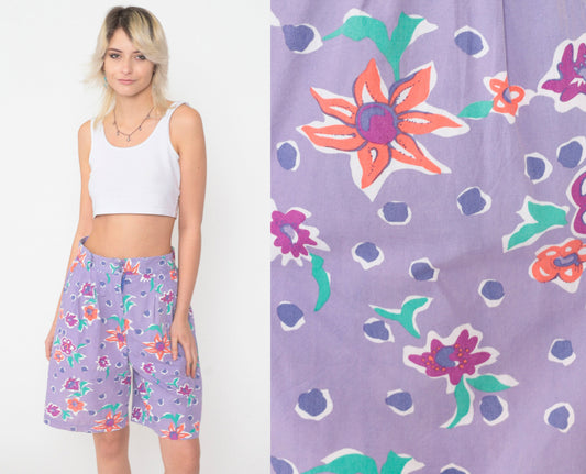 90s Lavender Polka Dot Floral Shorts High Waist Pleated Cotton Small