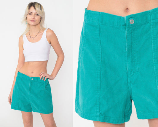 80s Green Corduroy Shorts High Waist Patch Pockets Elastic Back Medium