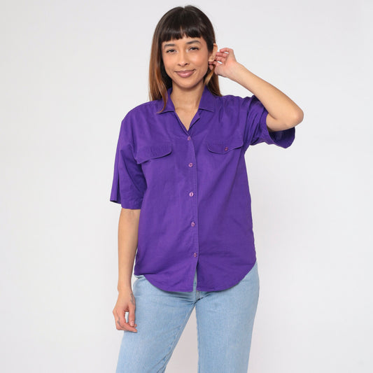 90s Karen Scott Purple Cotton Button-Up Blouse Short Sleeve Chest Pocket Medium