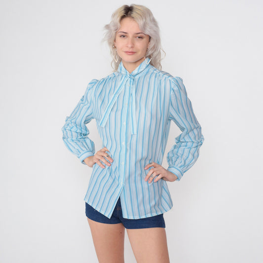 70s Striped Ascot Blouse Blue White Puff Sleeve Button Up Necktie Top Medium