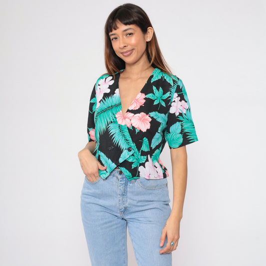 90s Black Tropical Floral Crop Top Double Breasted Blouse Medium M