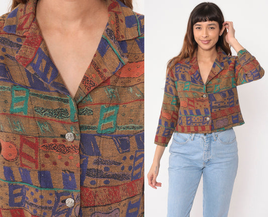 90s Tapestry Blazer Cropped Abstract Geometric Mustard Yellow Purple Extra Small