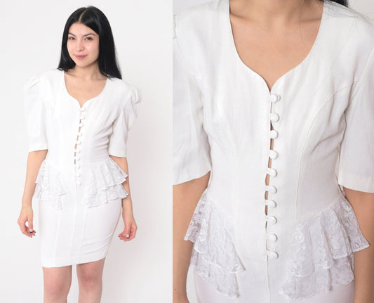 80s Young Edwardian White Lace Peplum Mini Dress Puff Sleeve Extra Small