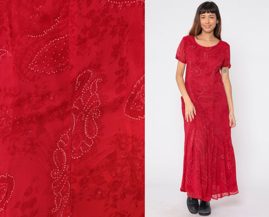 90s Red Paisley Maxi Dress Asymmetrical Drop Waist Short Sleeve Medium