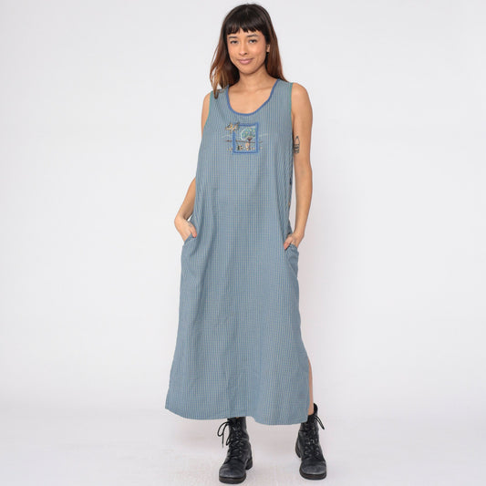 90s Blue Checkered Maxi Dress Embroidered Autumn Tree Sleeveless Pockets Large L