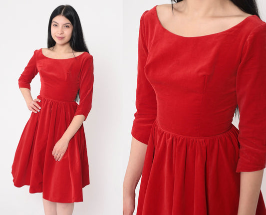 1960s Red Velvet Party Dress High Waist Fit and Flare 3/4 Sleeve Extra Small