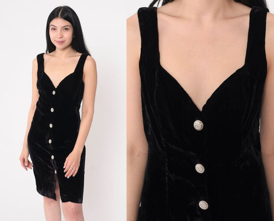 90s Rampage Black Velvet Mini Dress Sweetheart Neckline Button Front Medium