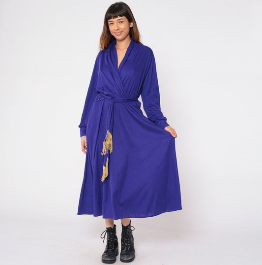 Y2K Purple Wrap Maxi Dress Gold Tassel Long Sleeve Draped Ankle Length Large L