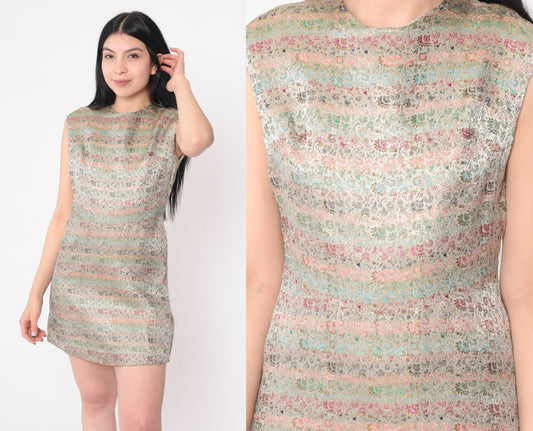 60s Floral Brocade Mini Dress Sleeveless Shift High Waist Small