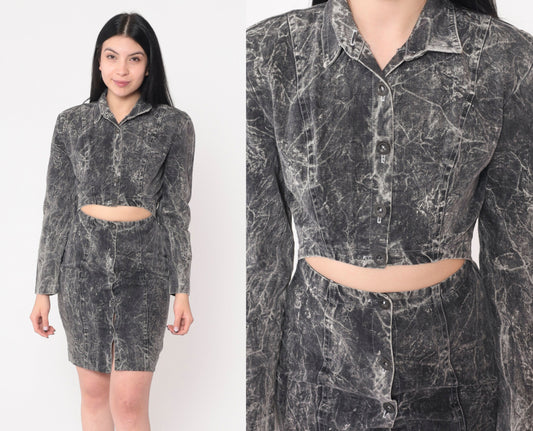 90s Rampage Acid Wash Denim Mini Dress Cutout Waist Black Extra Small