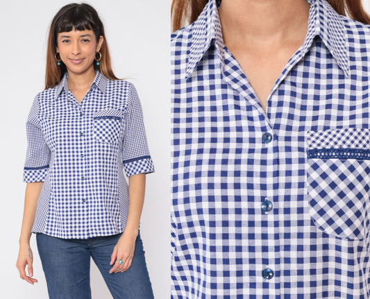 90s Blue White Gingham Button-Up Blouse Half Sleeve Collared Shirt Medium
