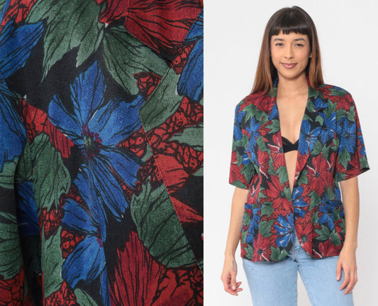 90s Floral Print Button-Up Blouse Deep V-Neck Short Sleeve Medium