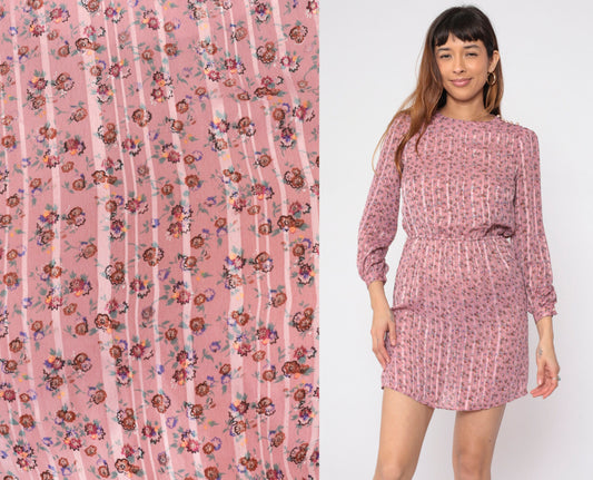 70s Pink Floral Striped Mini Dress Puff Sleeve Pearl Buttons High Waist Small