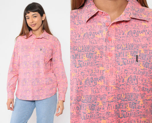 90s Manito Menswear Pink Abstract Print Polo Shirt Long Sleeve Small S