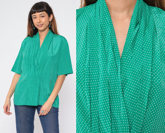 90s Green Polka Dot Blouse V-Neck Pleated Short Sleeve Shirt Large L