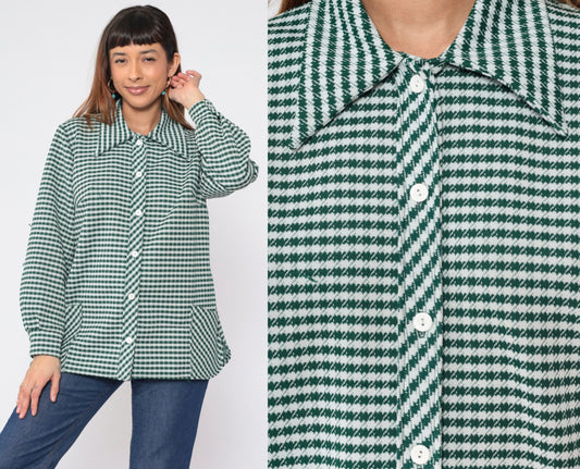70s Green White Checkered Button-Up Blouse Long Sleeve Collared Shirt Extra Large