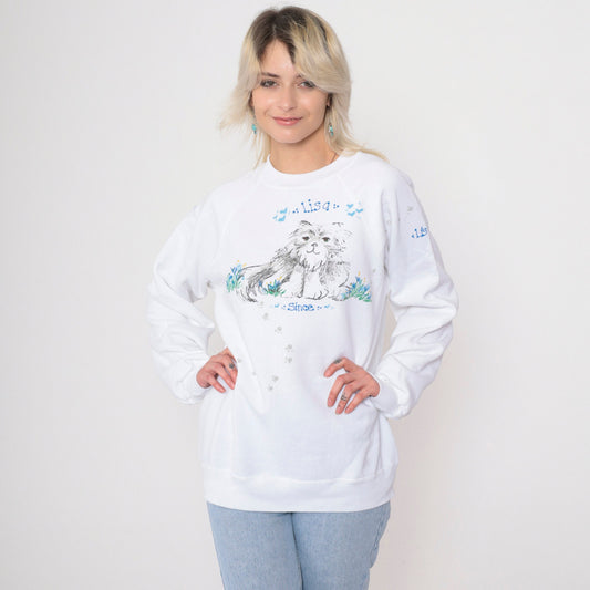 90s Hand Painted Cat Sweatshirt Lisa White Raglan Crewneck Medium