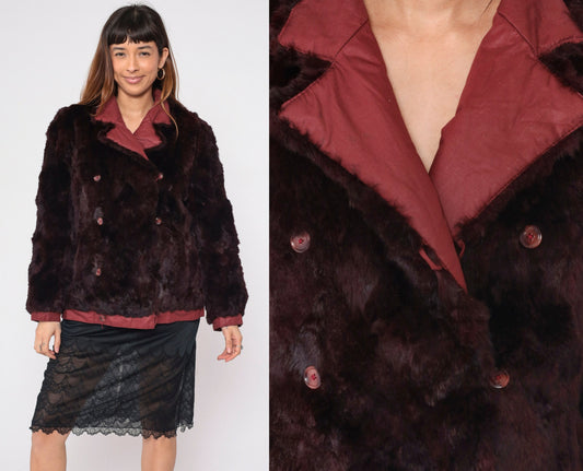 80s Burgundy Fur Double Breasted Pea Coat Reversible Medium