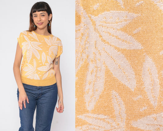 80s The Villager Petites Floral Knit Sweater Yellow Cap Sleeve Small
