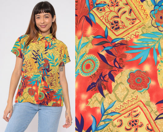 90s Mixed Print Button-Up Blouse Floral Snakeskin Mandala Yellow Orange Medium