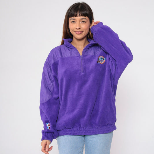 90s Utah Jazz Quarter Zip Fleece Sweatshirt Purple NBA Logo Men's XL