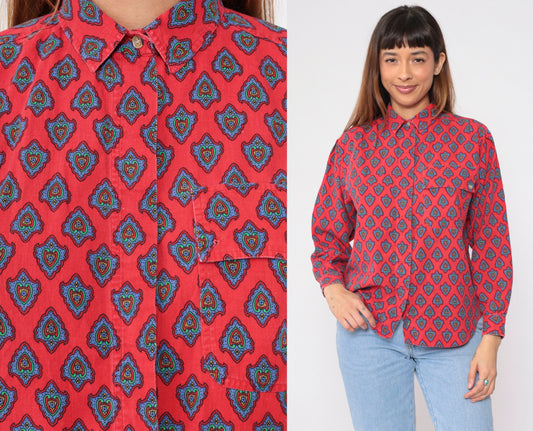90s Heart Print Button-Up Blouse Red Floral Cotton Long Sleeve Medium M