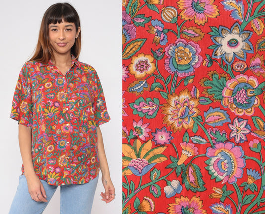 90s Indian Floral Red Button-Up Blouse Short Sleeve Cotton Rayon Medium M
