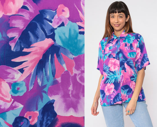 90s Bon Worth Hawaiian Floral Blouse Pink Purple Blue Short Sleeve Small